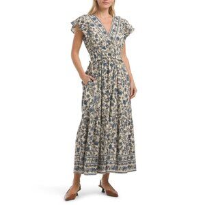 LEA Blue Flutter Sleeve V-neck Floral Maxi Dress